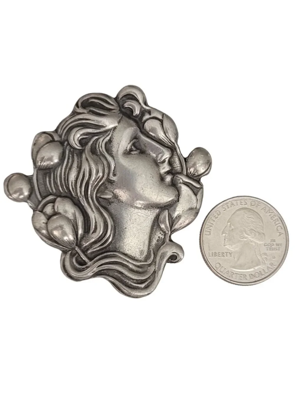 Tine H Pewter Art Nouveau Style Lady Face Brooch, Signed
